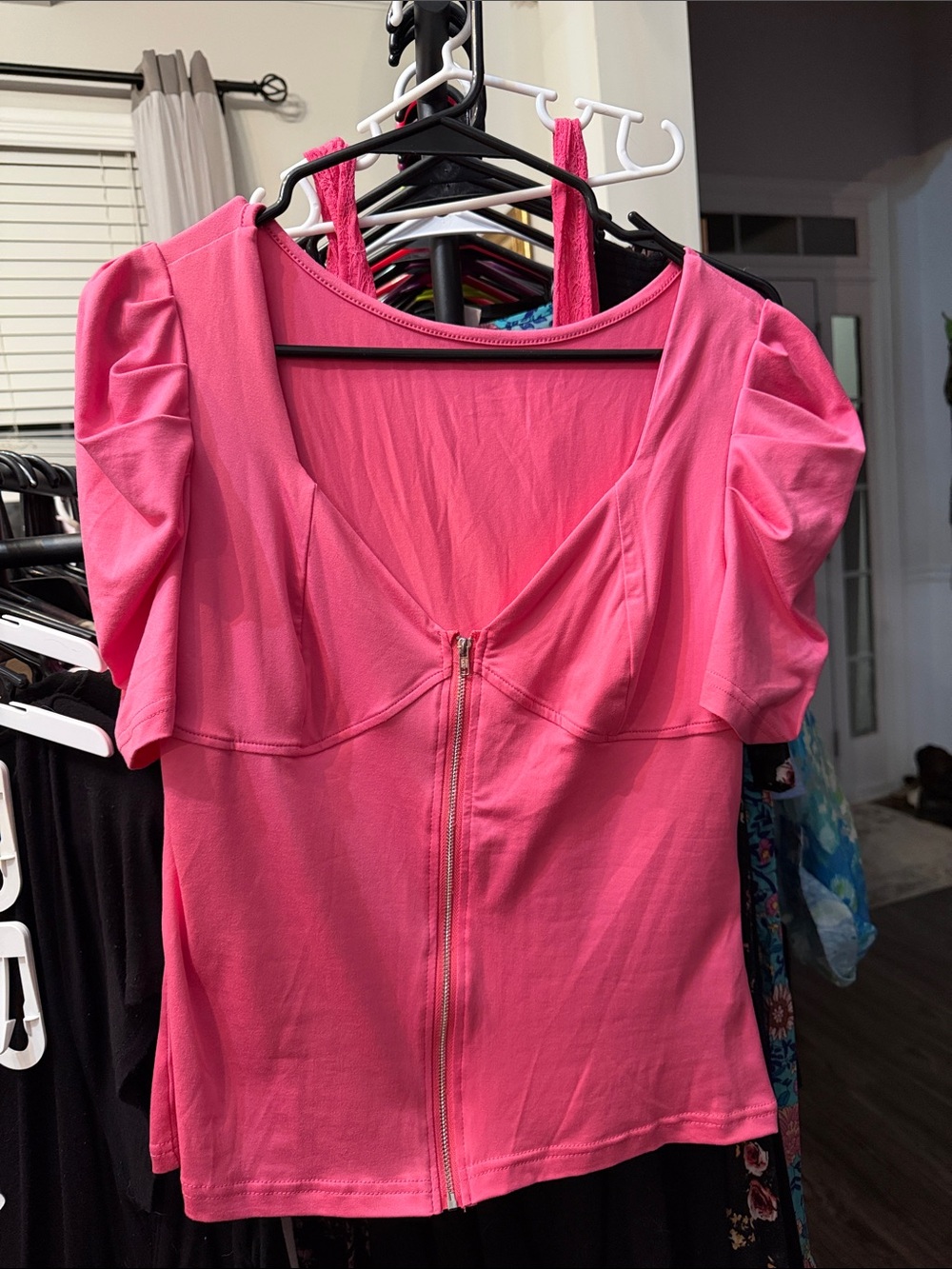 Pink Puff-Sleeve Zip-Front Women's Top